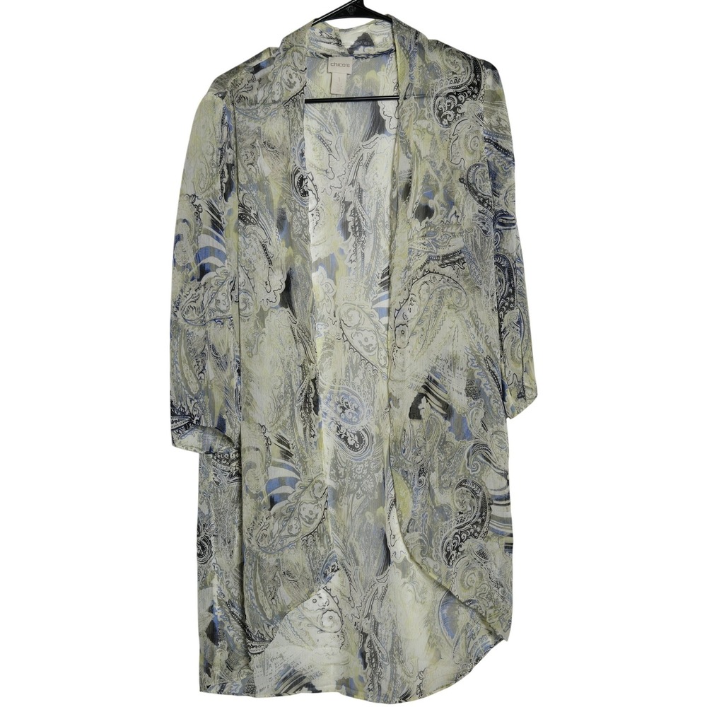 Chicos Paisley Sheer Chiffon Open Front Duster Cardigan Chicos 1 Medium Boho